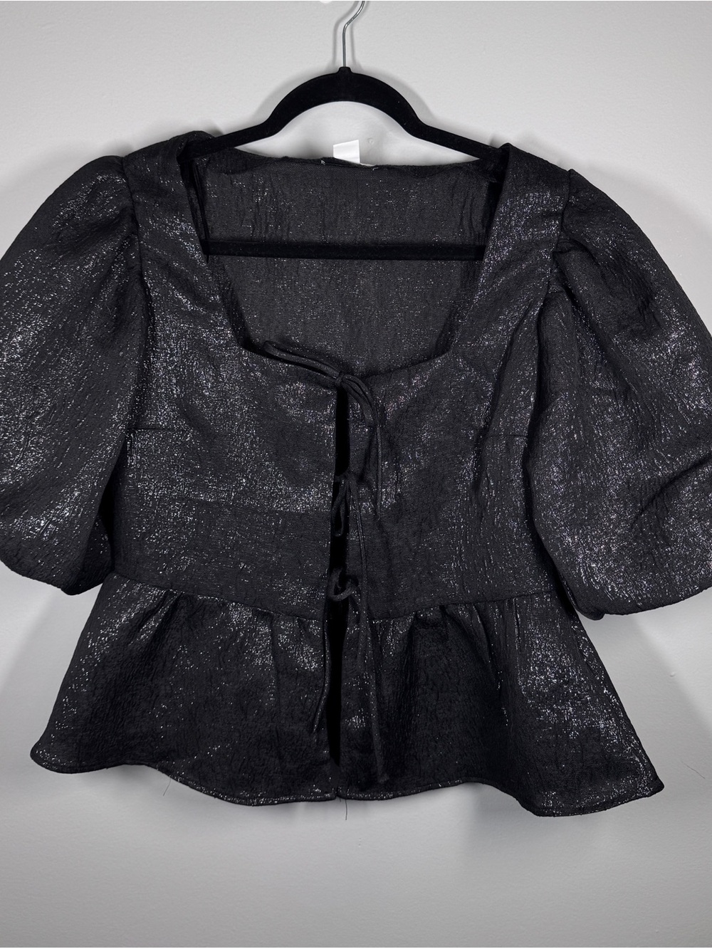 H&M Black Shimmer Puff-Sleeve Peplum Blouse‎